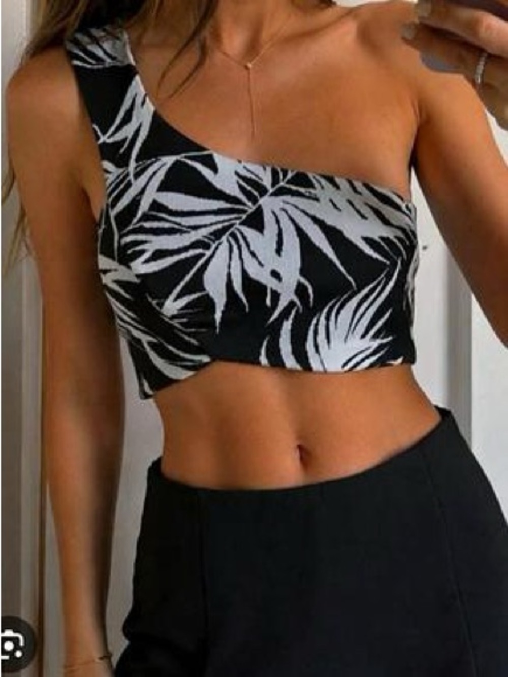 Zara One Shoulder Palm Print Jacquard Asymmetric Crop Top